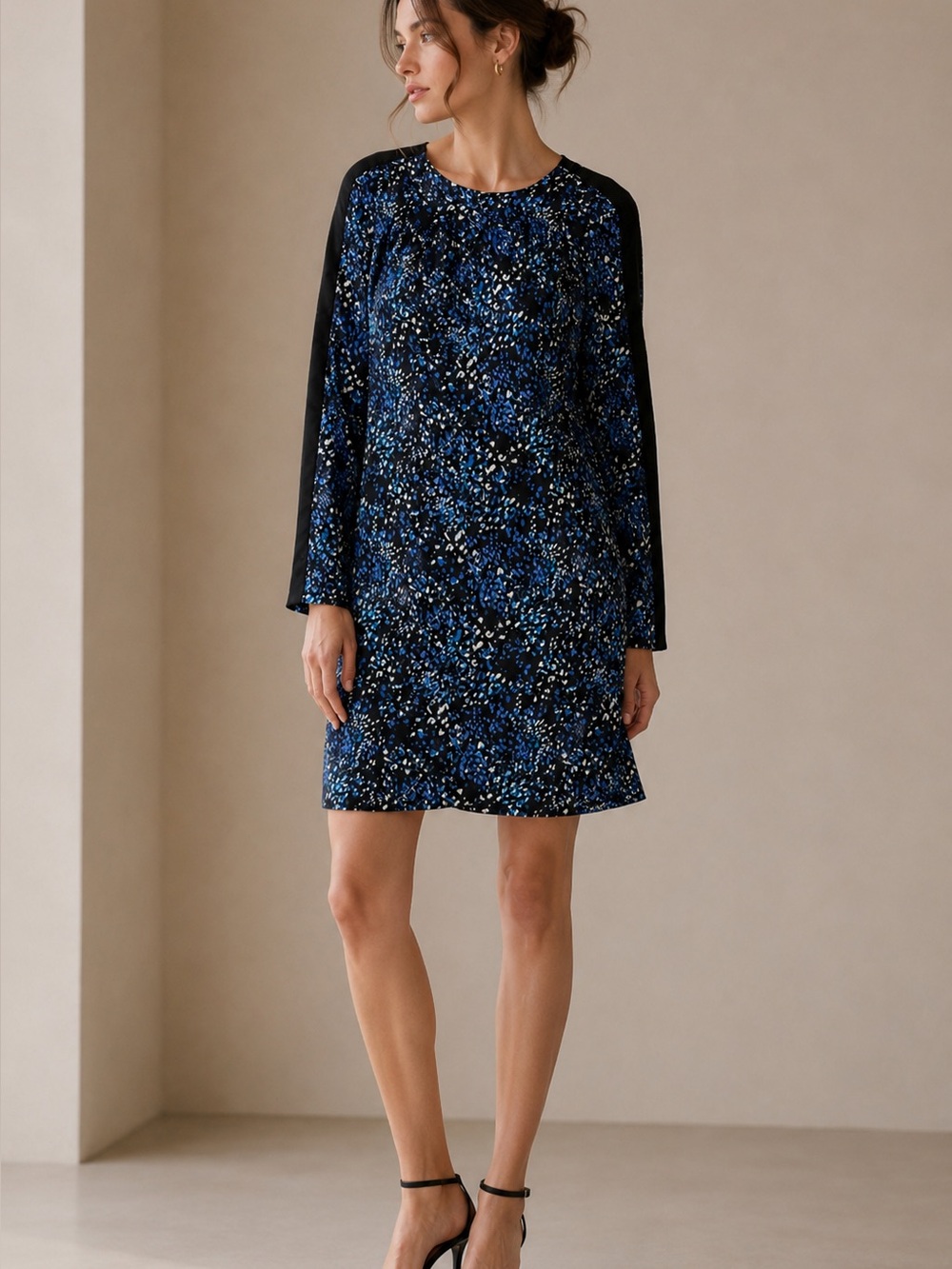Banana Republic Blue and Black Patterned Long Sleeve Shift Dress Size 10